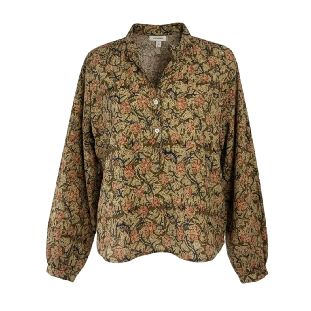 Blouse 2 | Block print | Beige met blauwe en roze bloemen (s)