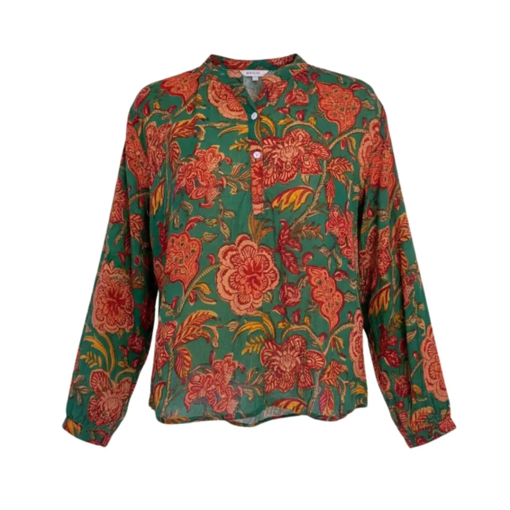 Blouse 3 | Blockprint | Groen met oranje rode bloemen (s)